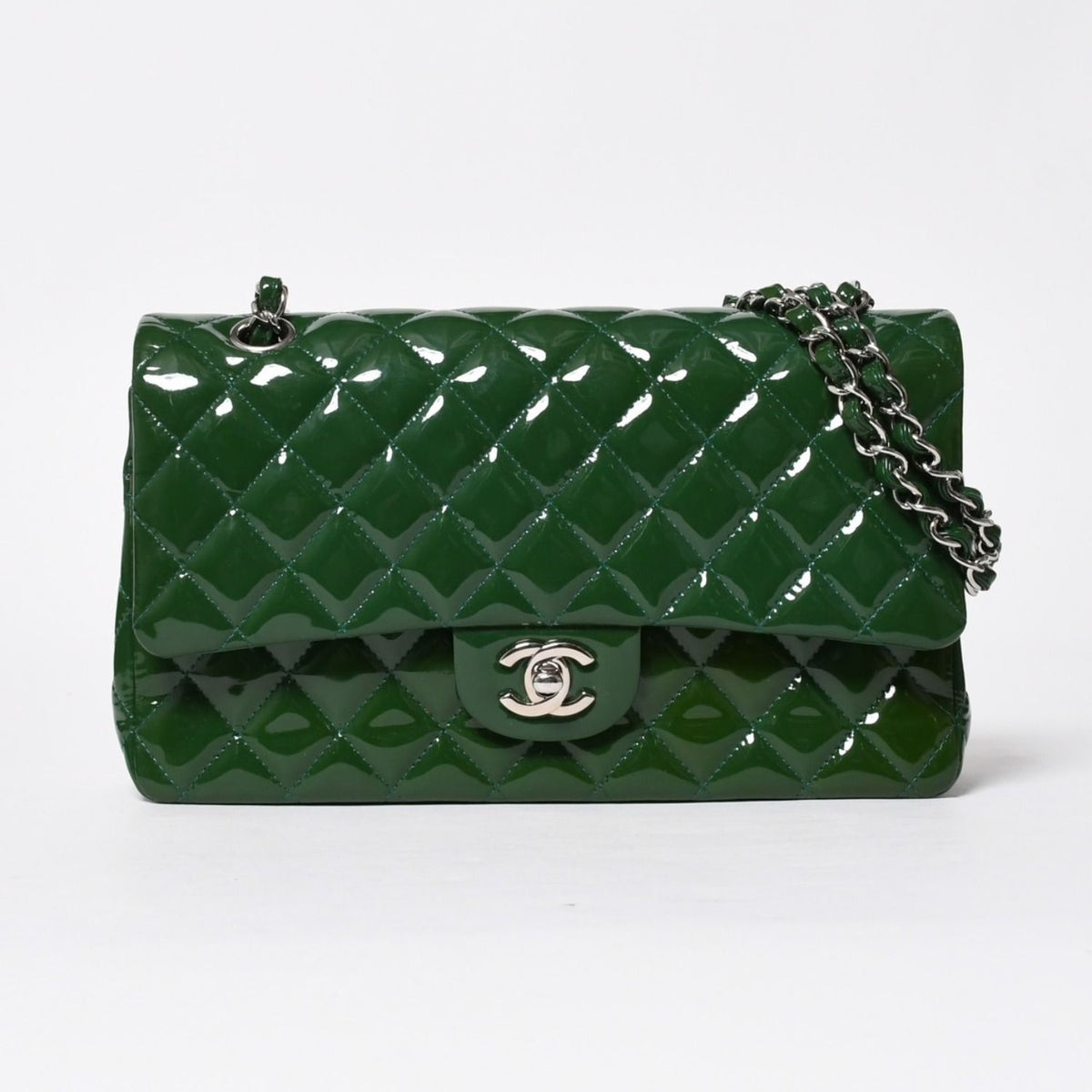 Chanel Quilted 25 Double Flap Chain Shoulder Bag Patent Green Silver