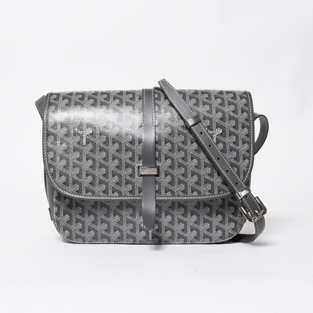 Goyard Belvedere GM Shoulder Bag Gray Leather Silver Herringbone Pattern