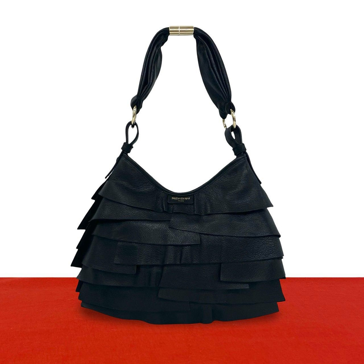 Saint Laurent Yves Tropez Hobo Logo Leather Shoulder Bag Black