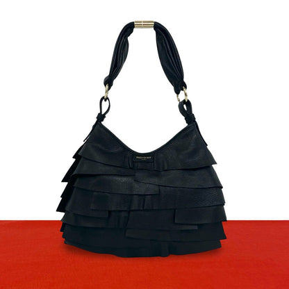 Saint Laurent Yves Tropez Hobo Logo Leather Shoulder Bag Black