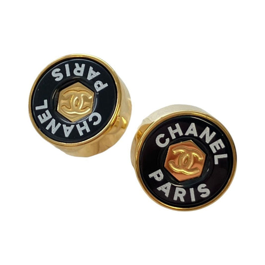 Chanel CC Logo Circle Motif Earrings Black Gold Colored