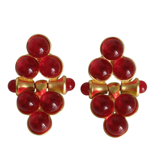 Celine Vintage Stone Large Stud Earrings Gold Colored Red