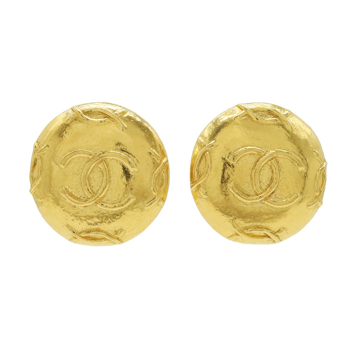 Chanel CC Logo Button Round Earrings Clip-On Vintage Gold Plated