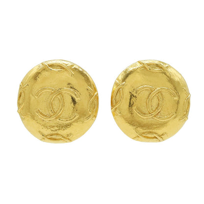 Chanel CC Logo Button Round Earrings Clip-On Vintage Gold Plated