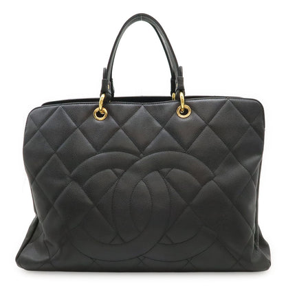 Chanel Quilted CC Logo Tote Bag Large Caviar Leather Black Silver