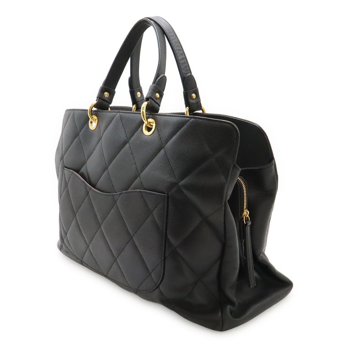 Chanel Quilted CC Logo Tote Bag Large Caviar Leather Black Silver — view 2