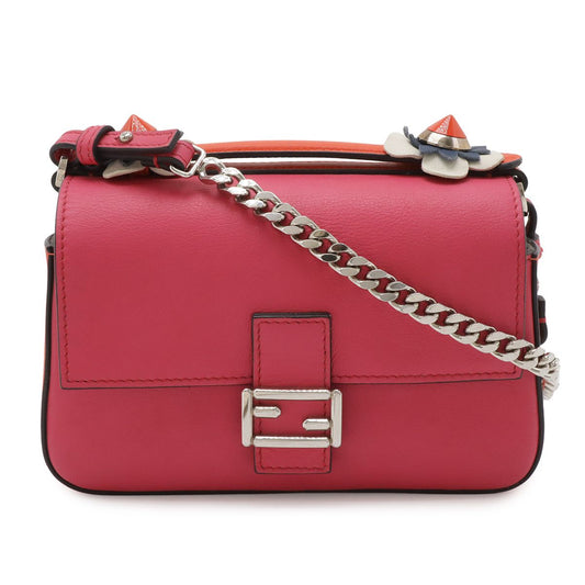 Fendi Double Micro Bucket Mini Bag 2-Way Chain Flower Leather White Pink
