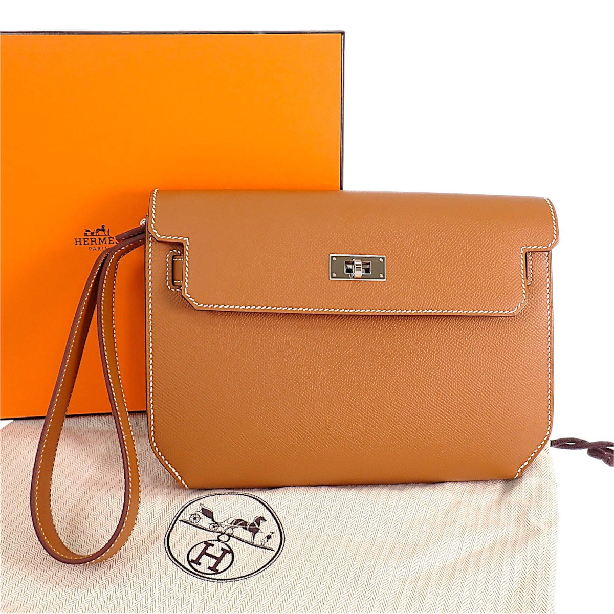 Hermes Kelly Depeches 25 Clutch Genus Veau Epsom Brown Silver
