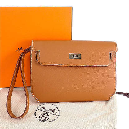 Hermes Kelly Depeches 25 Clutch Genus Veau Epsom Brown Silver