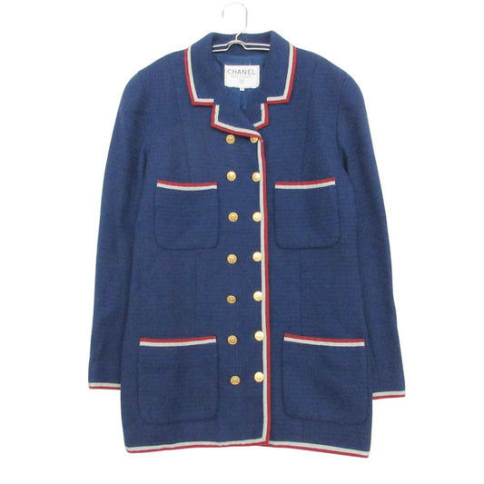 Chanel Tailored Jacket Tweed Double Breasted Blazer Gold Button Line Light Navy