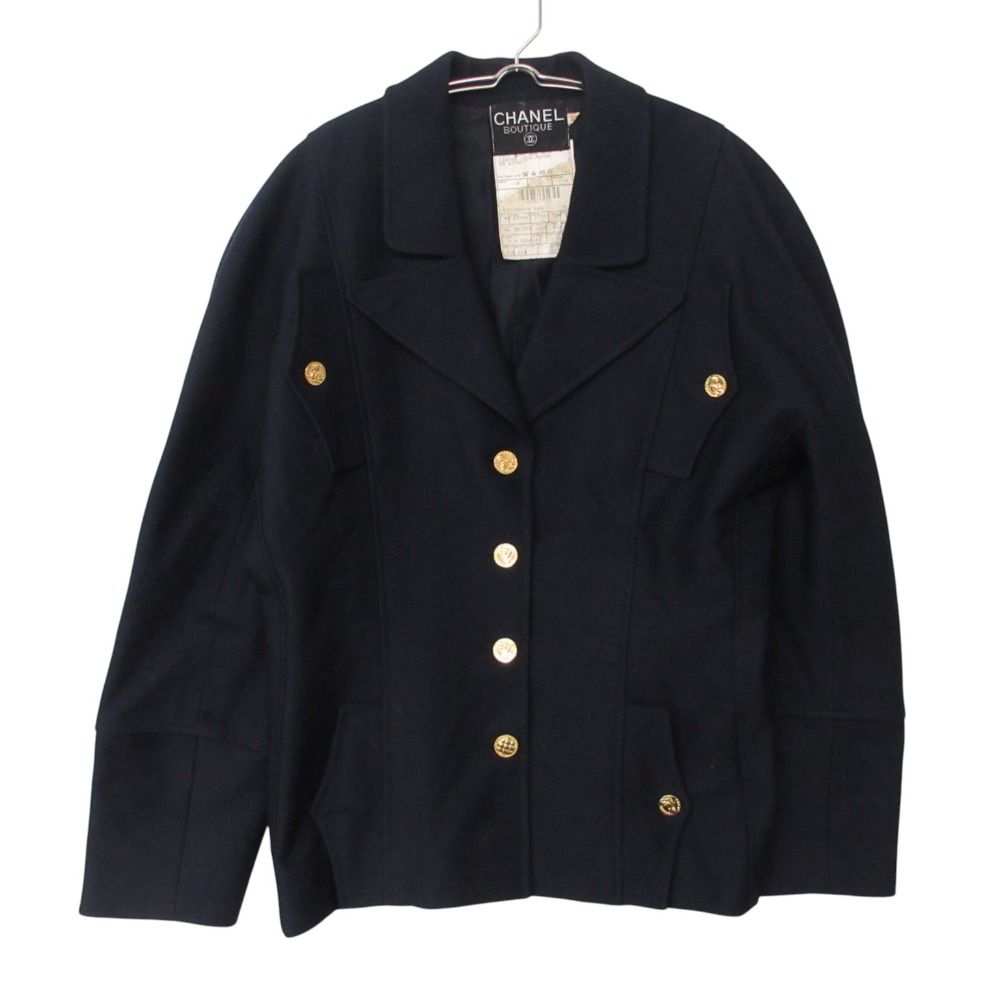 Chanel Tailored Jacket Navy Blue Gold Button Blazer Vintage Outer Wool
