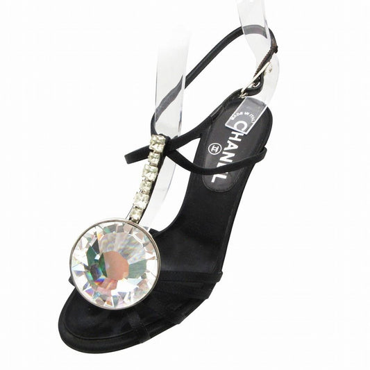 Chanel Sandals Bijou Crystal Stone Satin Strap Shoes Black