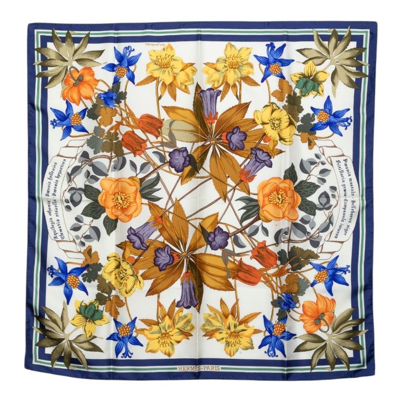 Hermes Carre 90 Fleurs D'hellade Hellas Scarf White Blue Multicolor Silk