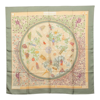 Hermes Carre 90 World Map Scarf Green Beige Silk