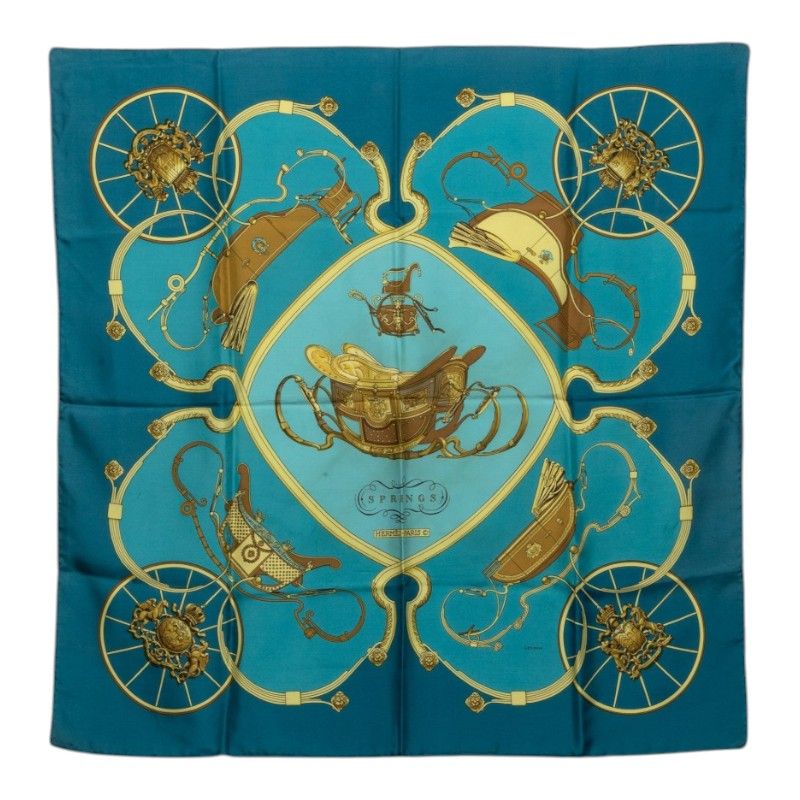 Hermes Carre 90 Spring Scarf Blue Gold Silk