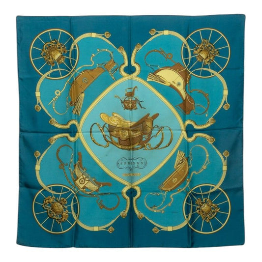 Hermes Carre 90 Spring Scarf Blue Gold Silk