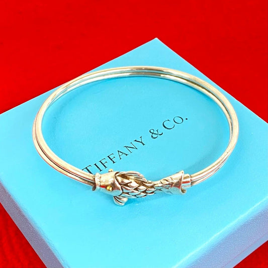 Tiffany & Co Fish Motif Bangle Silver Yellow Gold Bracelet