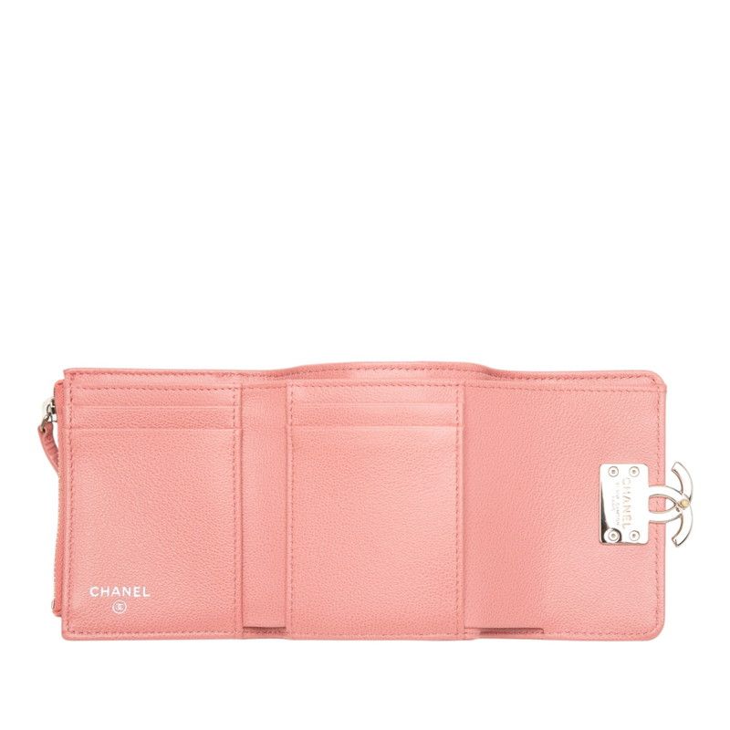 Chanel Quilted CC Logo Half Coco Trifold Wallet Pink Silver Leather — view 4