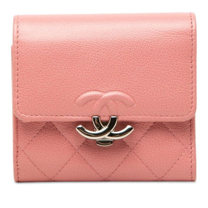 Chanel Quilted CC Logo Half Coco Trifold Wallet Pink Silver Leather