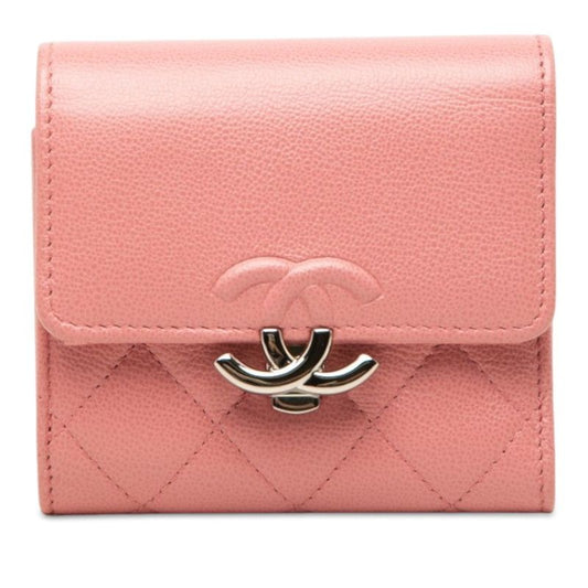 Chanel Quilted CC Logo Half Coco Trifold Wallet Pink Silver Leather