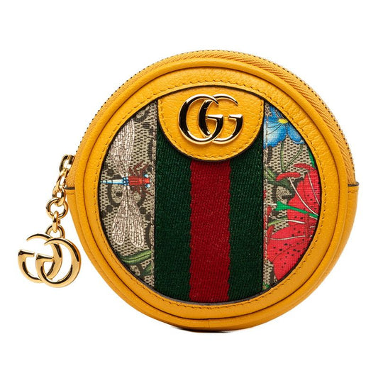 Gucci Ophidia GG Supreme Flora Round Coin Purse Key Case Beige Yellow Leather