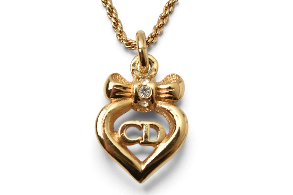 Dior Necklace Vintage CD Logo Heart Ribbon Rhinestone