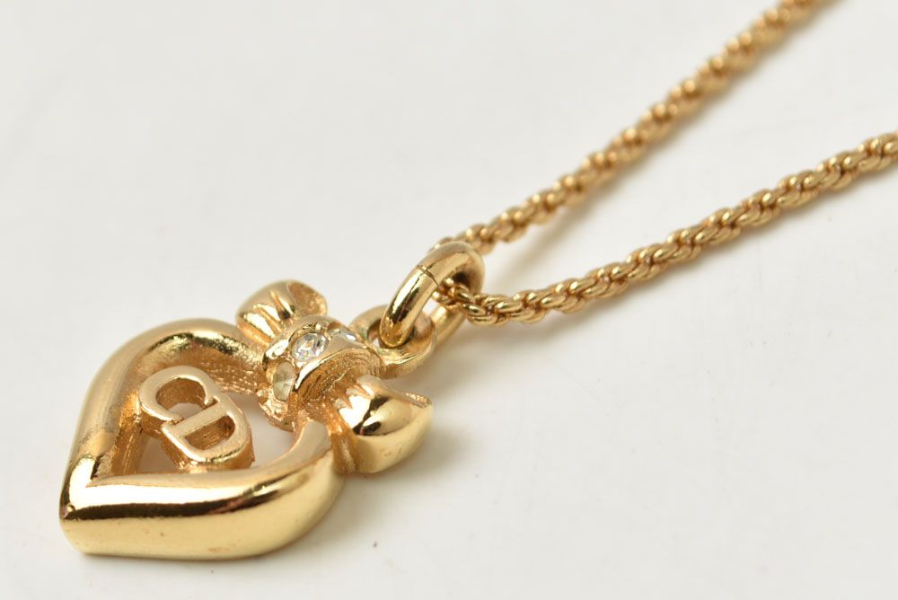 Dior Necklace Vintage CD Logo Heart Ribbon Rhinestone — view 3