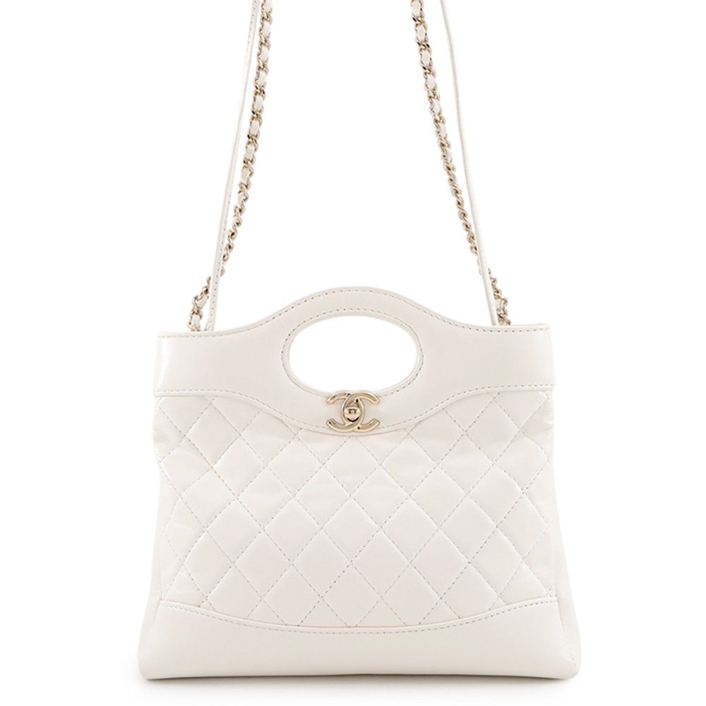 Chanel Chain Shoulder Bag Quilted Mini Shopping Shiny Calfskin White