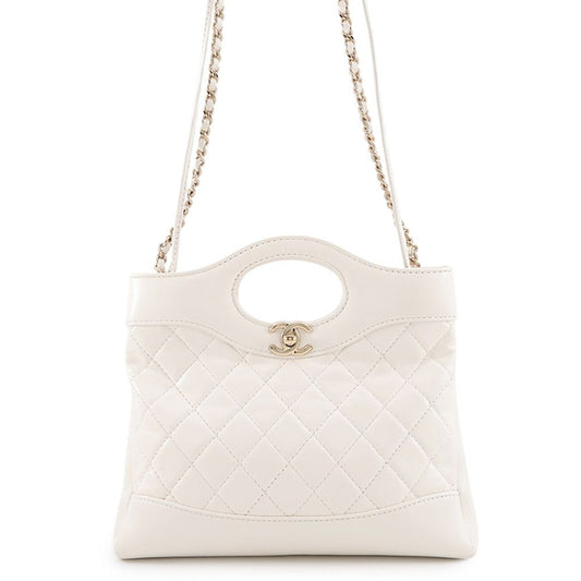 Chanel Chain Shoulder Bag Quilted Mini Shopping Shiny Calfskin White