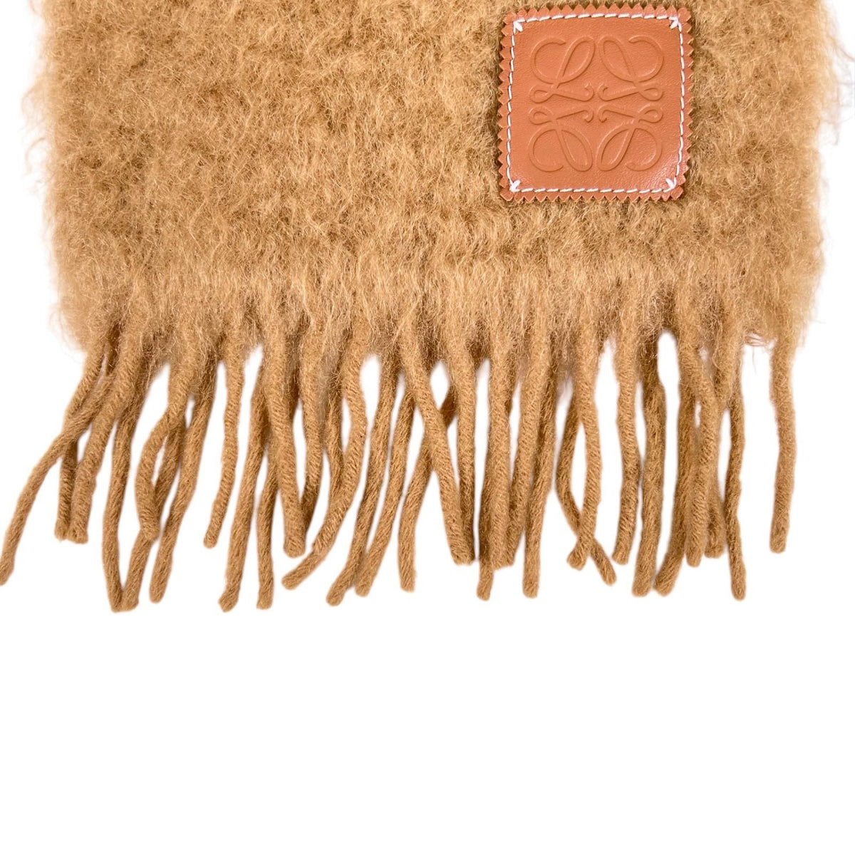 Loewe Mohair Wool Anagram Leather Patch Fringe Scarf Brown — view 4