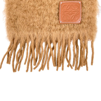 Loewe Mohair Wool Anagram Leather Patch Fringe Scarf Brown — view 4