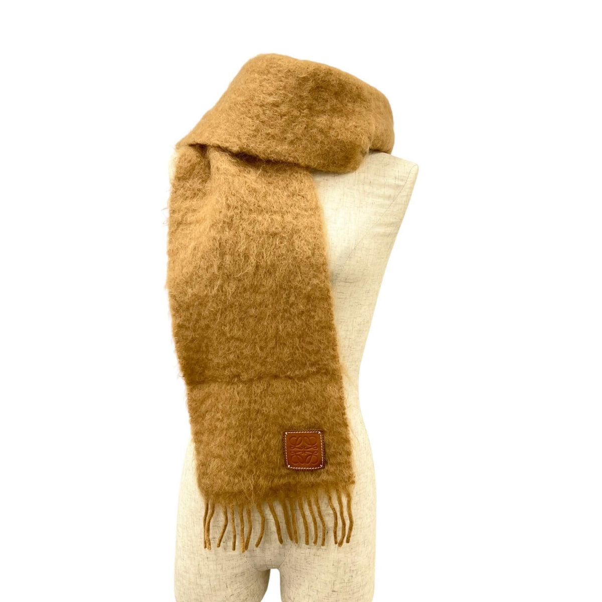 Loewe Mohair Wool Anagram Leather Patch Fringe Scarf Brown — view 2