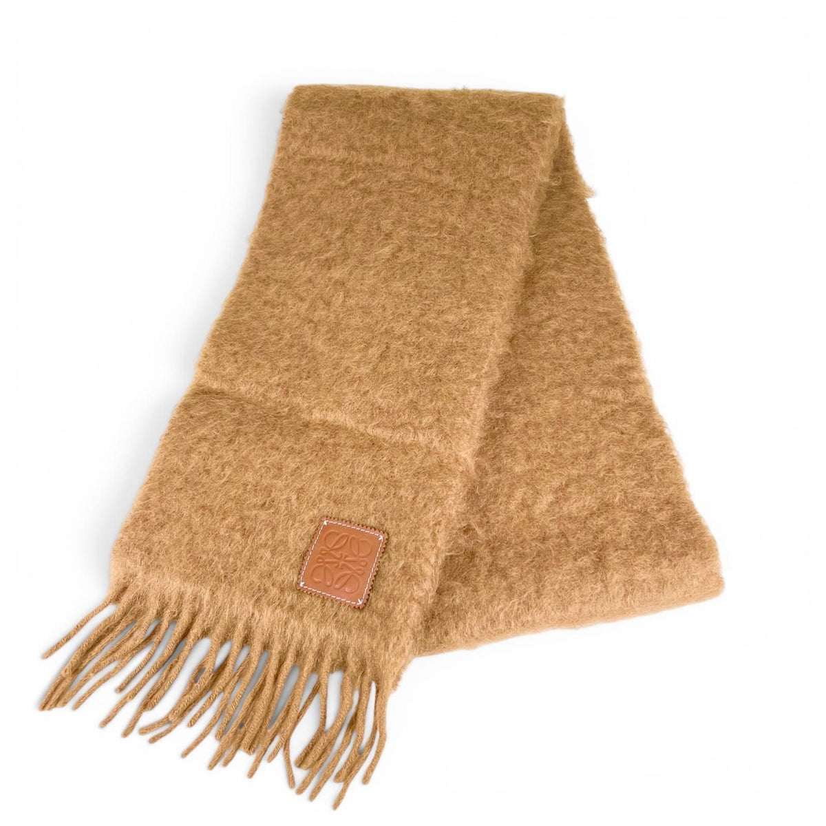Loewe Mohair Wool Anagram Leather Patch Fringe Scarf Brown