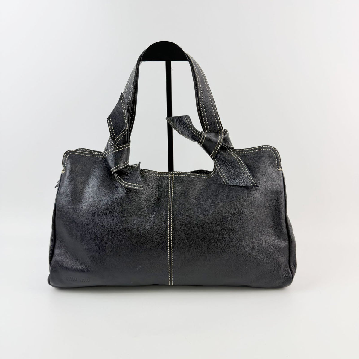 Miu Miu Logo Embossed Contrast Stitch Knot Handle Shoulder Bag Leather Black