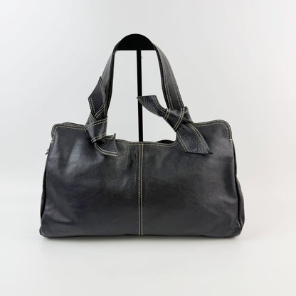 Miu Miu Logo Embossed Contrast Stitch Knot Handle Shoulder Bag Leather Black