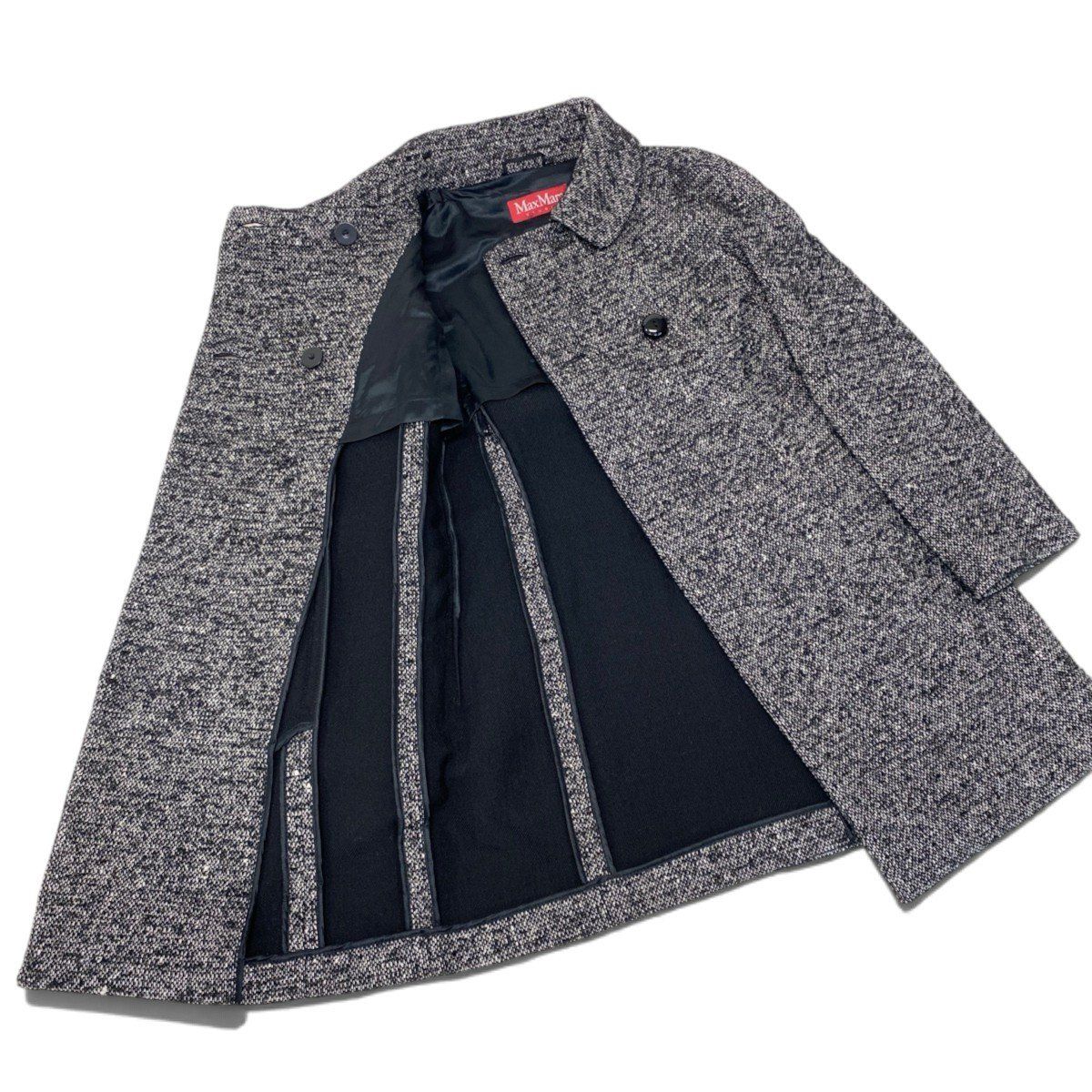 Max Mara Tweed Coat Double Button Mid Length Black White 36 — view 7