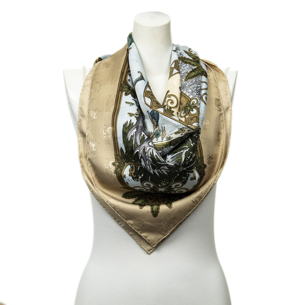 Hermes Scarf Beige Light Blue Green Jacquard Silk