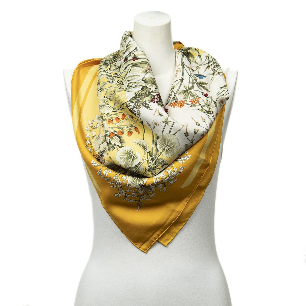 Hermes Scarf Yellow Ivory Green Twill Silk