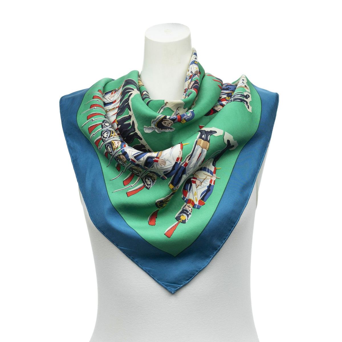 Hermes Scarf Blue Green Ivory Twill Silk