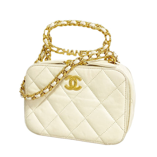 Chanel Shoulder Bag Quilted Lambskin White Gold