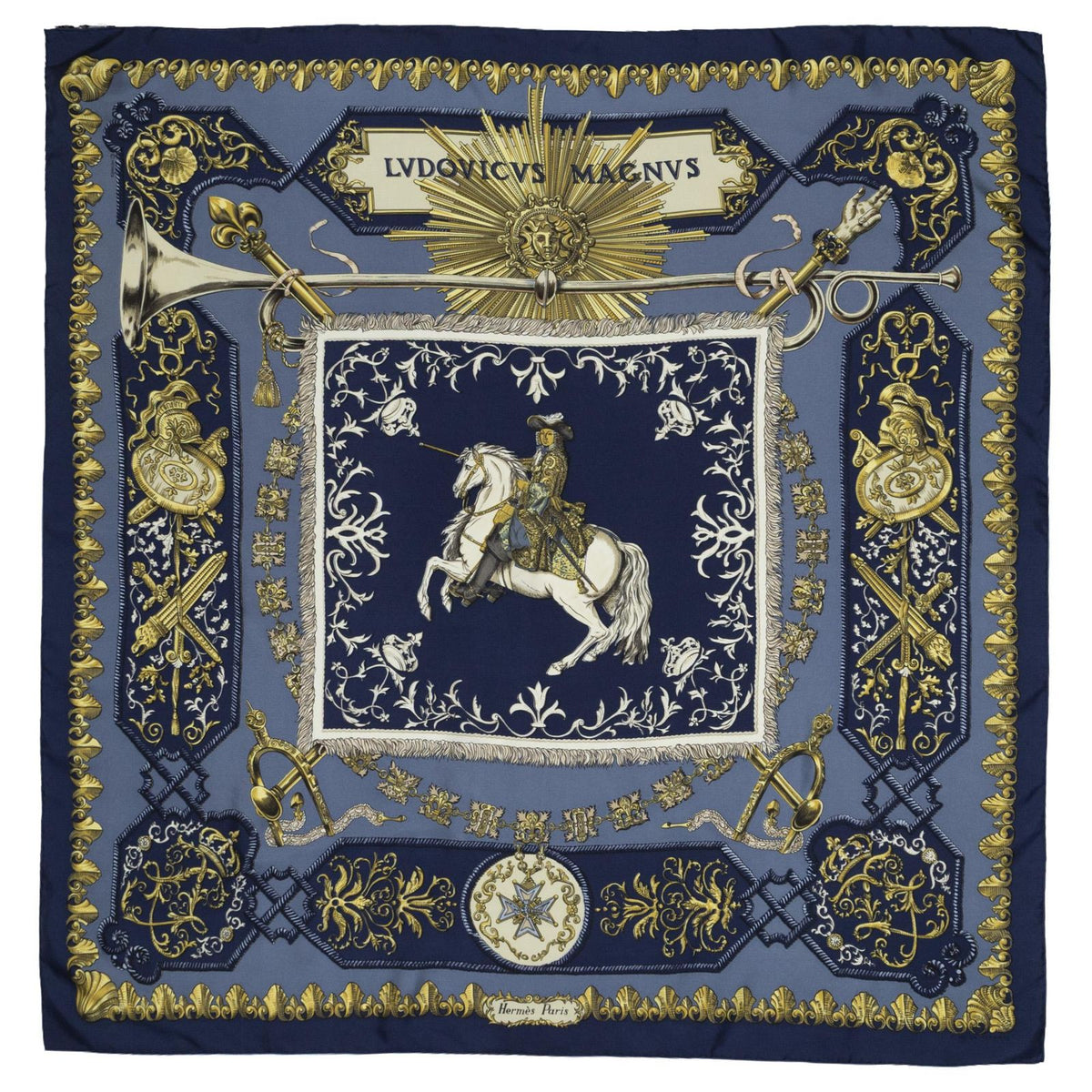 Hermes Scarf Navy Gold Ivory Twill Silk — view 2