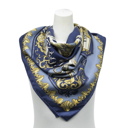 Hermes Scarf Navy Gold Ivory Twill Silk