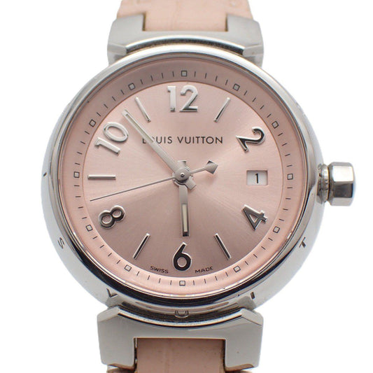 Louis Vuitton Tambour Date Quartz Watch Pink Dial Leather Strap