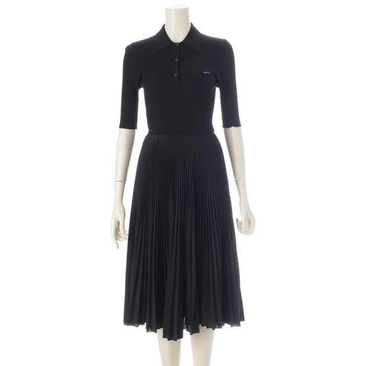 Prada Wool Silk Knit Docking Pleats Long Dress Short Sleeve Black 36