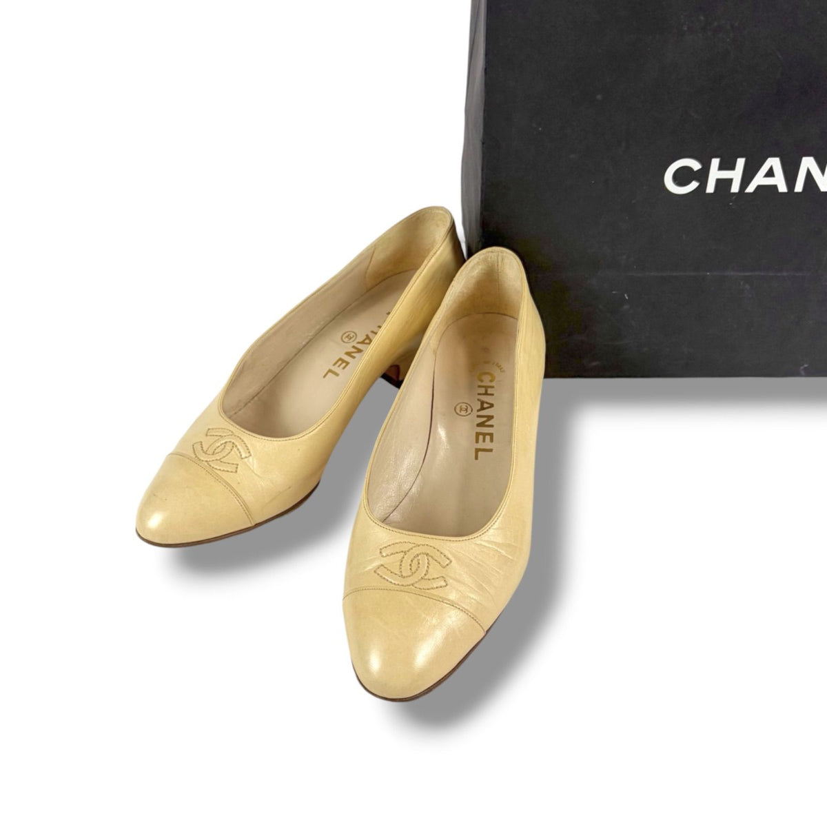 Chanel Coco Low Heeled Pumps CC Logo Beige Heels