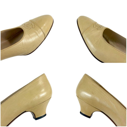 Chanel Coco Low Heeled Pumps CC Logo Beige Heels — view 8