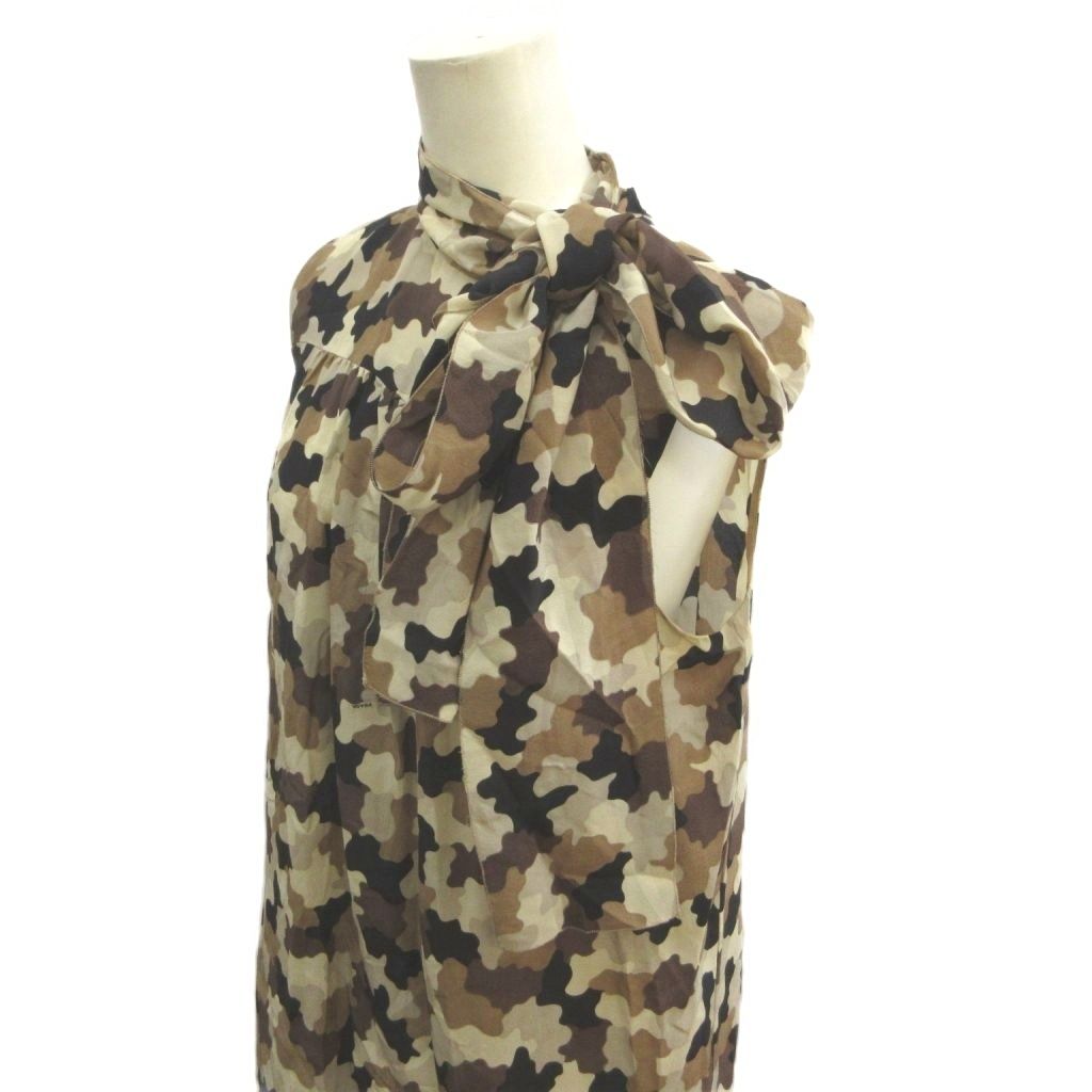 Prada Sleeveless Dress Silk Bow Tie Camouflage Pattern Beige Brown All Over 38 — view 5