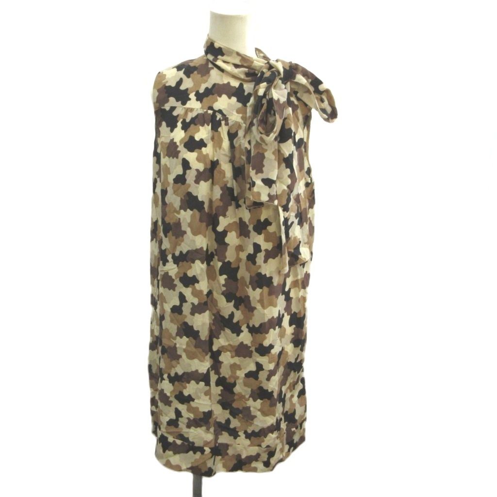 Prada Sleeveless Dress Silk Bow Tie Camouflage Pattern Beige Brown All Over 38