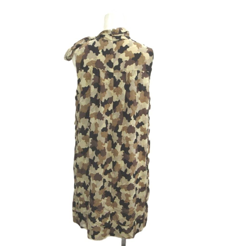 Prada Sleeveless Dress Silk Bow Tie Camouflage Pattern Beige Brown All Over 38 — view 2