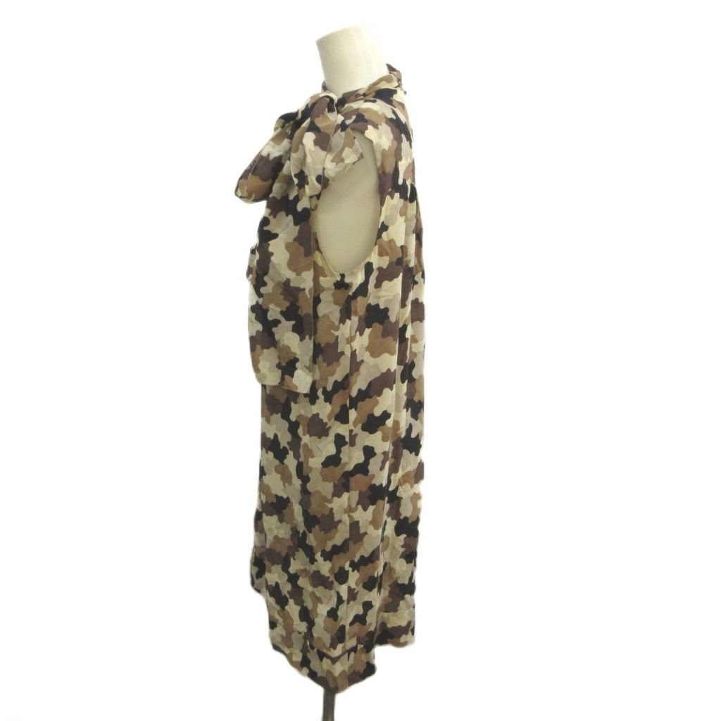 Prada Sleeveless Dress Silk Bow Tie Camouflage Pattern Beige Brown All Over 38 — view 3